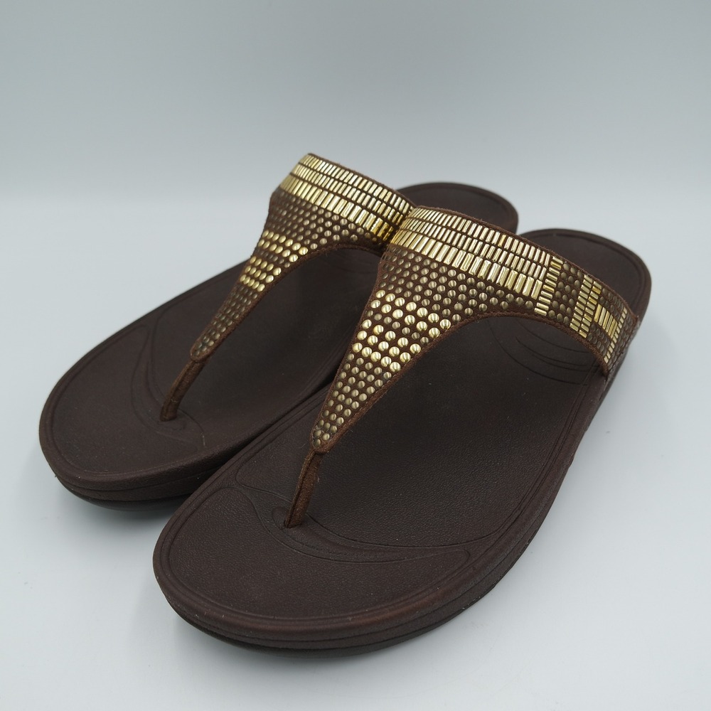 FitFlop Aztek Chada Women Brown Gold Studded Thong Sandals Leather Size 10
